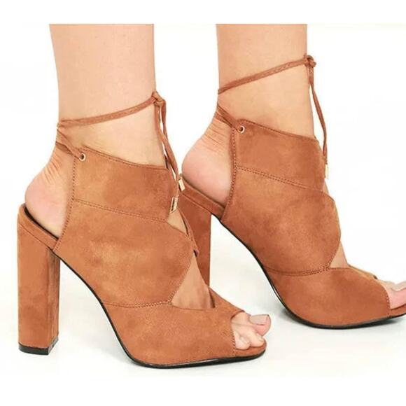 So-Me Shoes - Tan Brown Suede Open Toe Tie Up Heels Size 7.5